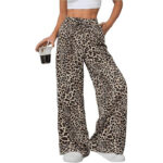 Women's Casual Leopard Print High Waisted Wide-Leg Pants Elegant Drawstring Loose Long Trousers - Image 4