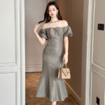 Puff Sleeve Waist-tight Fishtail Long Dress