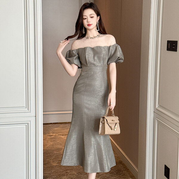 Puff Sleeve Waist-tight Fishtail Long Dress