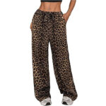 Women's Casual Leopard Print High Waisted Wide-Leg Pants Elegant Drawstring Loose Long Trousers - Image 6
