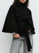 Winter High Neck Batwing Sleeve Coat With Belt Fashion Loose Elegant Button Top Trench Coat For Women Clothing - Image 3