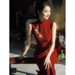 Long Women's Dress Embroidered Improved Cheongsam Expensive For Red Bamboo - Image 5