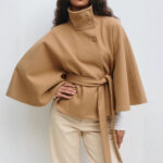 Winter High Neck Batwing Sleeve Coat With Belt Fashion Loose Elegant Button Top Trench Coat For Women Clothing