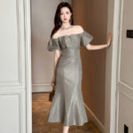 Puff Sleeve Waist-tight Fishtail Long Dress - Image 3